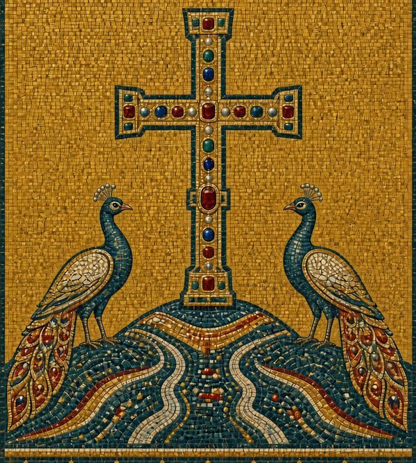 Mosaic: a jewelled cross on a hill between two peacocks, on a gold ground